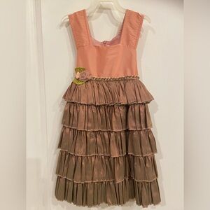 C’est Chouette Couture Elegant Pink and Brown Silk Tiered Dress 24m 2T Girls NWT